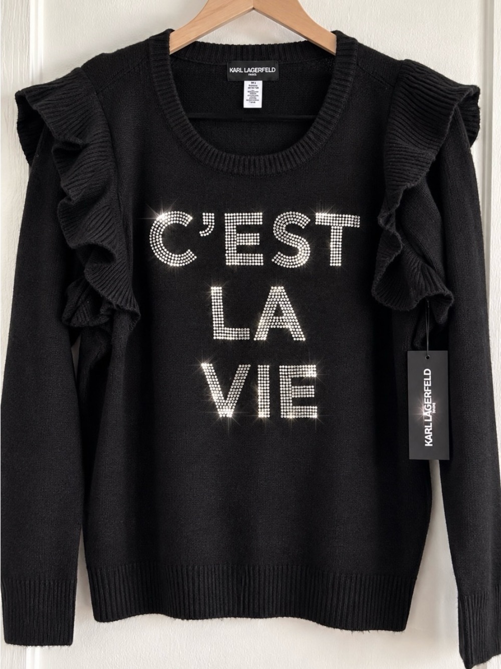 Karl Lagerfeld Black 'C'EST LA VIE' Ruffle Shoulder Sweater